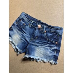 True Religion Denim Shorts Frayed Blue Wash Distressed Pockets Size 26‎